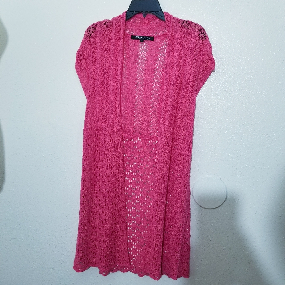 Open knit cardigan, perfect for layering, watermelon pink color - Picture 4 of 14